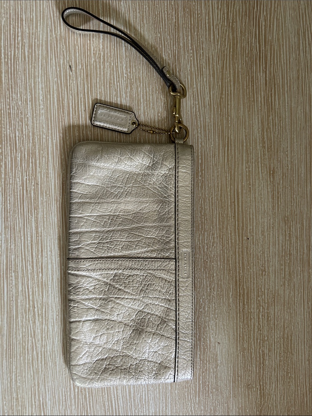 Coach Metallic Silver Leather Wristlet with Wrist Strap